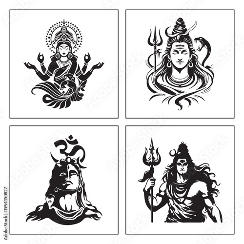 Sacred black and white Durga and Shiva Hindu deities icon

