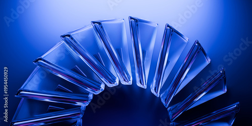 Cyber elements made of transparent glass and liquid acrylic purple blue glow on black backdrop cinematic tech background design cover art visuals 3d rendering