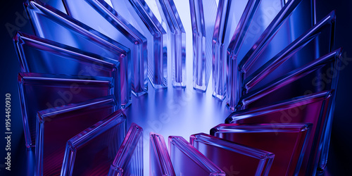 Cyber elements made of transparent glass and liquid acrylic purple blue glow on black backdrop cinematic tech background design cover art visuals 3d rendering