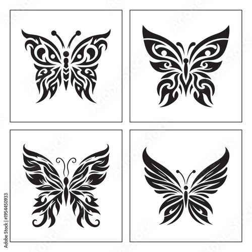 Tribal black and white butterfly silhouette ornamental vector icon set
