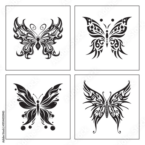 Ornate black and white tribal butterfly silhouette design icon set
