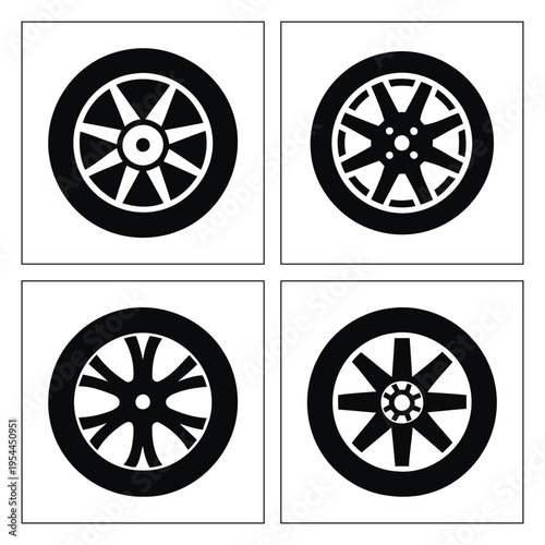 Four distinct black and white car wheel designs on a clean grid
