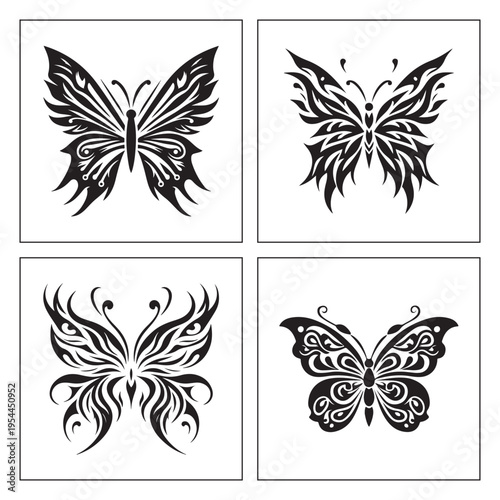 Elegant black and white tribal butterfly silhouette design icon set
