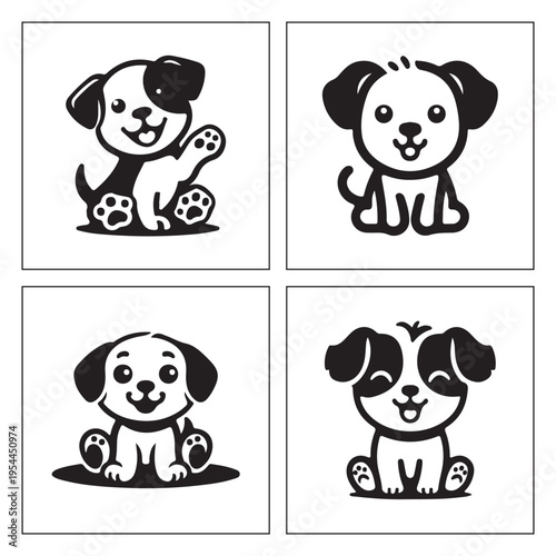 Four adorable black and white cartoon puppies in a grid layout.
