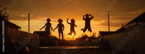 Wallpaper Mural Joyful Children Jumping on a Trampoline in a Backyard During a Beautiful Sunset Torontodigital.ca