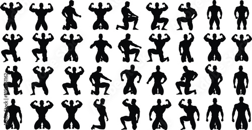 Bodybuilder silhouette collection showing muscular poses and strength training stances isolated on white background for fitness, gym, and bodybuilding design