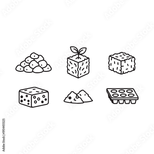 Sushi and rice ingredients including blocks of rice and sushi rice balls and seeds and isolated on white background  Japanese food