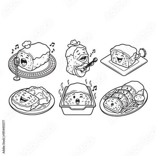 Meatloaf Slices with Ketchup Glaze Cartoon Food lineart Vector funny Meatloaf with Tomato Sauce and Slices Cartoon Food Vector Illustration cute Meatloaf (Southern style) Illustration vector art 