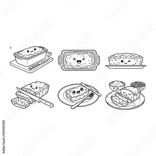 Meatloaf Slices with Ketchup Glaze Cartoon Food lineart Vector funny Meatloaf with Tomato Sauce and Slices Cartoon Food Vector Illustration cute Meatloaf (Southern style) Illustration vector art 