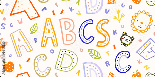 Colorful alphabet and animal doodles create a playful educational pattern