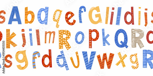 Colorful alphabet letters with varied patterns and textures displayed