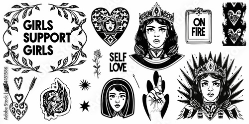 A collection of black and white tattoo style illustrations with empowering themes