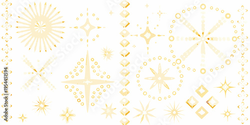 Golden starbursts and diamond shapes create a sparkling abstract pattern