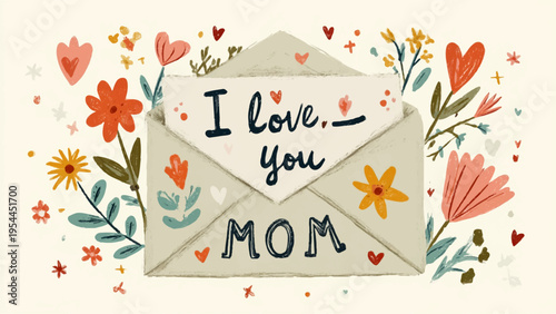 Mother's Day card design with envelope and floral illustration