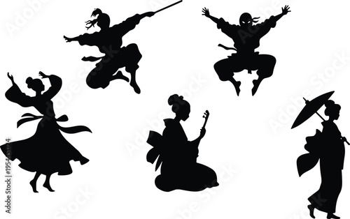 Japanese silhouettes collection with ninja, samurai, geisha and traditional dancer characters isolated on white background, cultural figures set for design, branding and illustration use