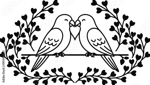 Love birds silhouette illustration with two cute birds sitting on branch surrounded by heart leaves wreath, romantic couple concept for wedding, valentine design
