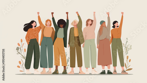 Vector illustration of 6 diverse women with raised arms in solidarity