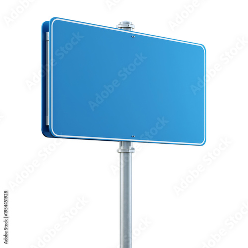 A blank blue rectangular road sign on a metal pole from an angle. isolated on transparent background