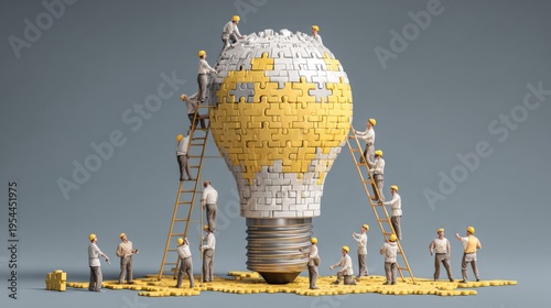 Creative Team Assembling Puzzle Pieces into Giant Lightbulb Structure Representing Innovation and Ideas in a Collaborative Environment