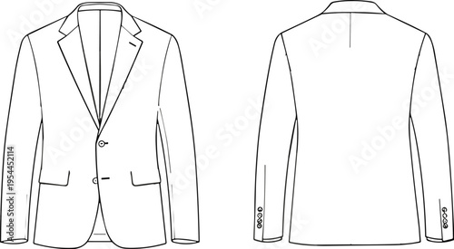 Mens classic blazer jacket front and back view outline fashion template minimalist line drawing for tailoring clothing design mockup apparel technical sketch vector