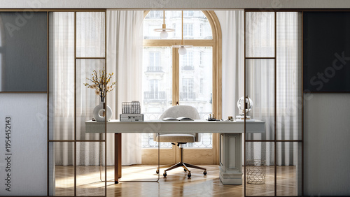 Cozy modern work office at home, 3d render