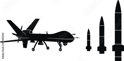 Military drone and missile silhouettes set, unmanned aerial vehicle with rockets and ballistic weapons icons isolated on white background, defense technology illustration