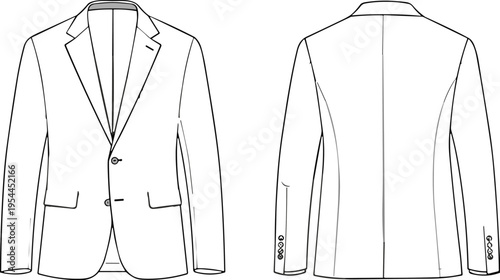 Men suit jacket technical drawing front and back view, fashion clothing template line art, formal blazer outline for tailoring design illustration