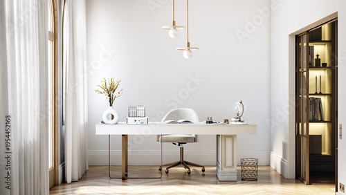 Cozy modern work office at home, 3d render