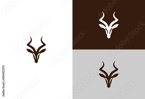 Minimalist antelope head logo vector set, elegant kudu horn animal emblem design, modern wildlife brand icon, brown and white variations isolated on background