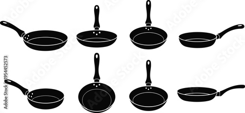 Frying pan silhouette collection in multiple angles isolated on white background for kitchen, cooking, cookware, and culinary design use