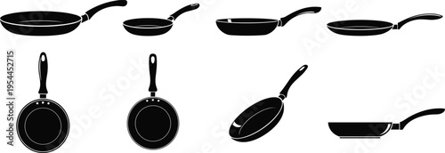 Frying pan silhouette set in multiple perspectives isolated on white background for kitchen, cookware, and cooking design elements