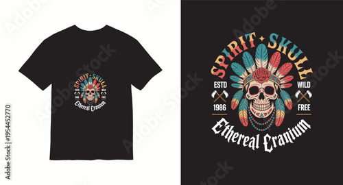 Native american skull t-shirt design with feathers and vintage typography for apparel graphics