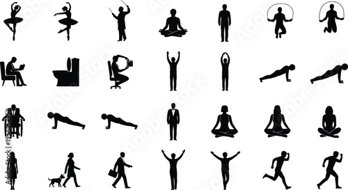 Lifestyle and activity silhouette collection including yoga, fitness, office work, and daily routines isolated on white background for design