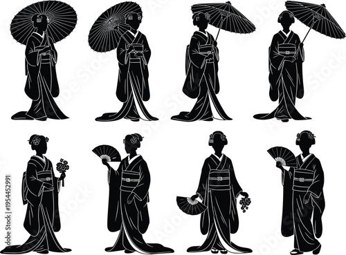 Japanese geisha silhouette collection with traditional kimono, umbrella, and fan poses isolated on white background for culture and artistic design