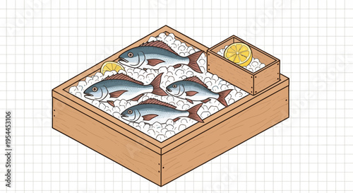 Fresh raw mackerel fish on ice in wooden crate illustration