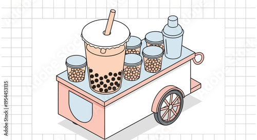 Illustration of Bubble Tea Drink and Tapioca Pearls on a Counter