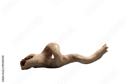 Weathered driftwood branch displaying an organic, twisted form, creating a natural sculpture. Transparent background
