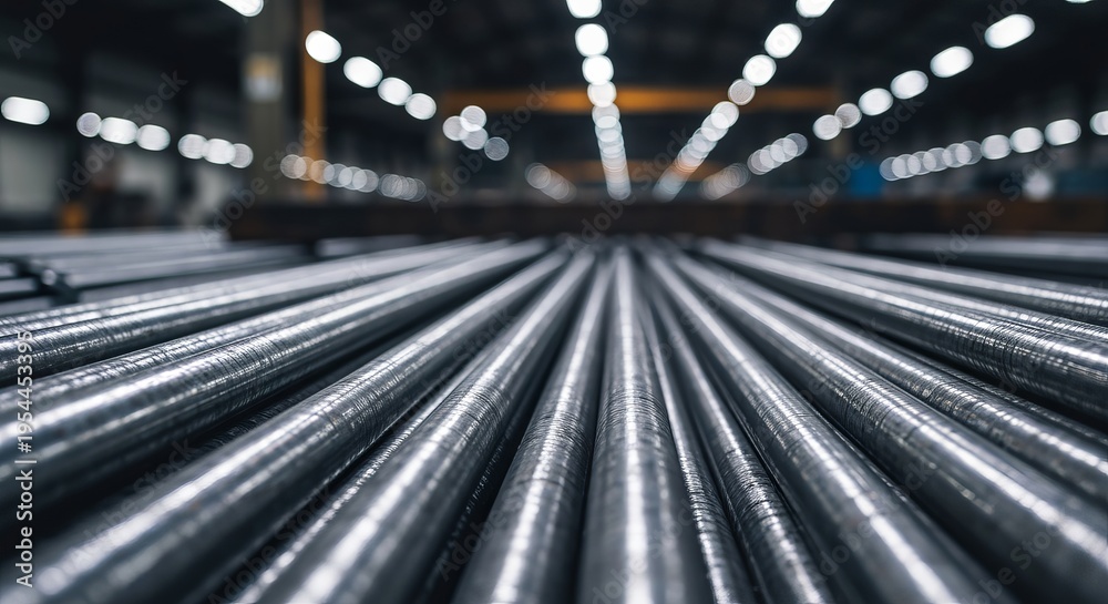 Fototapeta premium Close up of polished metal rods stacked in a factory with soft bokeh background lights