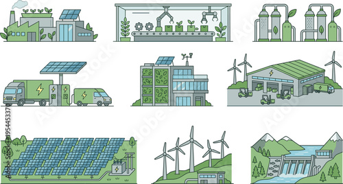 Vector Icons Set for Renewable Energy, Solar Power, Wind Energy, and Green Technology Solutions for Websites, Apps, and Digital Media Projects