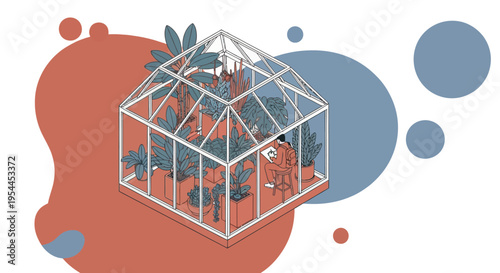 Isometric greenhouse with potted tropical plants on orange background