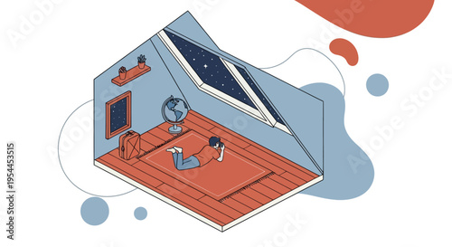 Isometric illustration of a person dreaming of travel in a bedroom