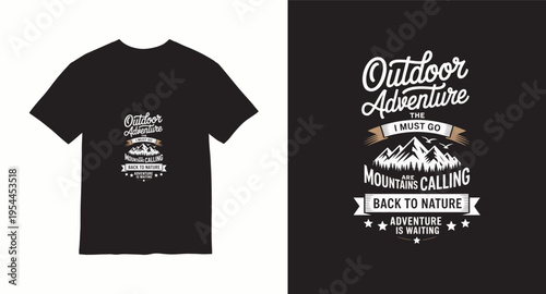 Outdoor adventure mountains calling back to nature typography t-shirt design with forest landscape illustration
