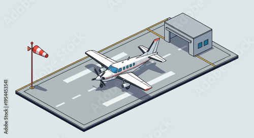 Isometric illustration of a small airplane on an airport runway with a windsock