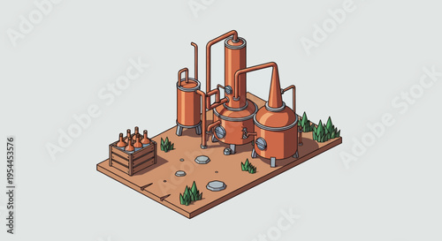 Isometric Illustration of Beer Brewery Equipment and Bottling