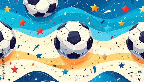 Soccer Ball Background with Wavy Bands and Colorful Stars
