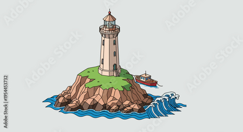 Isometric Vector Illustration of a Lighthouse on a Rocky Cliff Overlooking the Sea