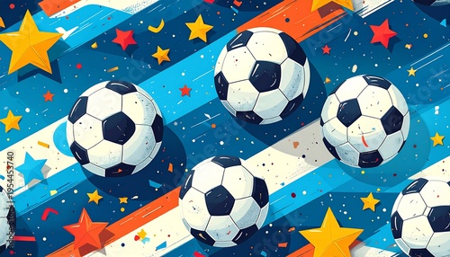Soccer Ball Pattern Background with Stars and Diagonal Stripes