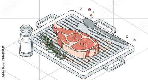 Isometric Vector Illustration of Raw Steak, Salt Shaker, and Rosemary on a Grill Pan