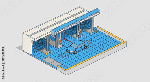 Isometric view of a modern car wash facility