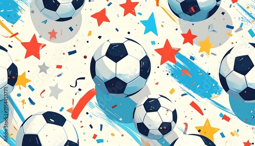 Festive Soccer Ball Background with Stars and Blue Brush Strokes